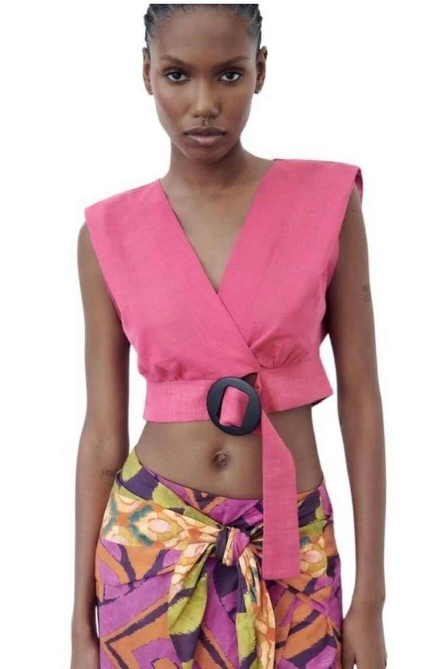 Zara Pink Sleeveless Faux Wrap Belted Cut Out Cotton Crop Top Size Small
